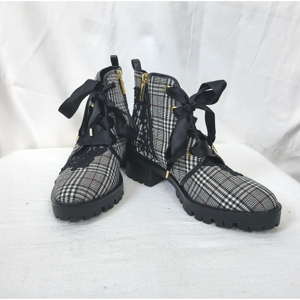 Karl Lagerfeld Parker Wmns Plaid Black Lace Side Zip LaceUp Combat Boots 6.5 New